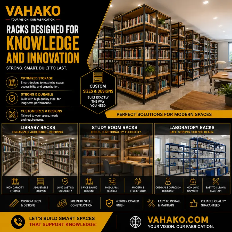 Custom library book racks and laboratory shelving fabricated in Sri Lanka
