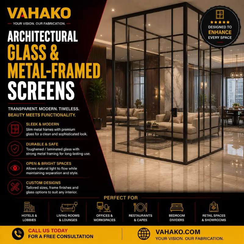 Architectural glass and metal-framed room partition screens in Sri Lanka